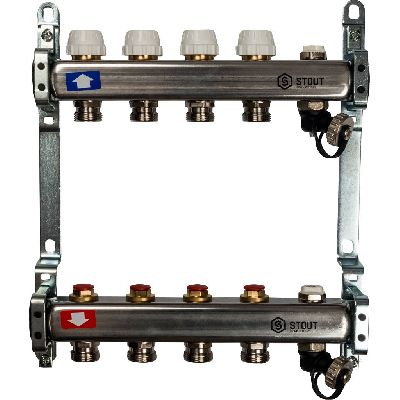 STOUT Коллектор из нержавеющей стали без расходомеров, с клапаном вып. воздуха и сливом 4 вых.